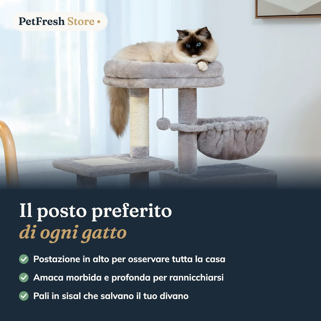Albero Tiragraffi per Gatti con Amaca e Cuccia β Sisal Naturale, 72 cm, 2 Forme