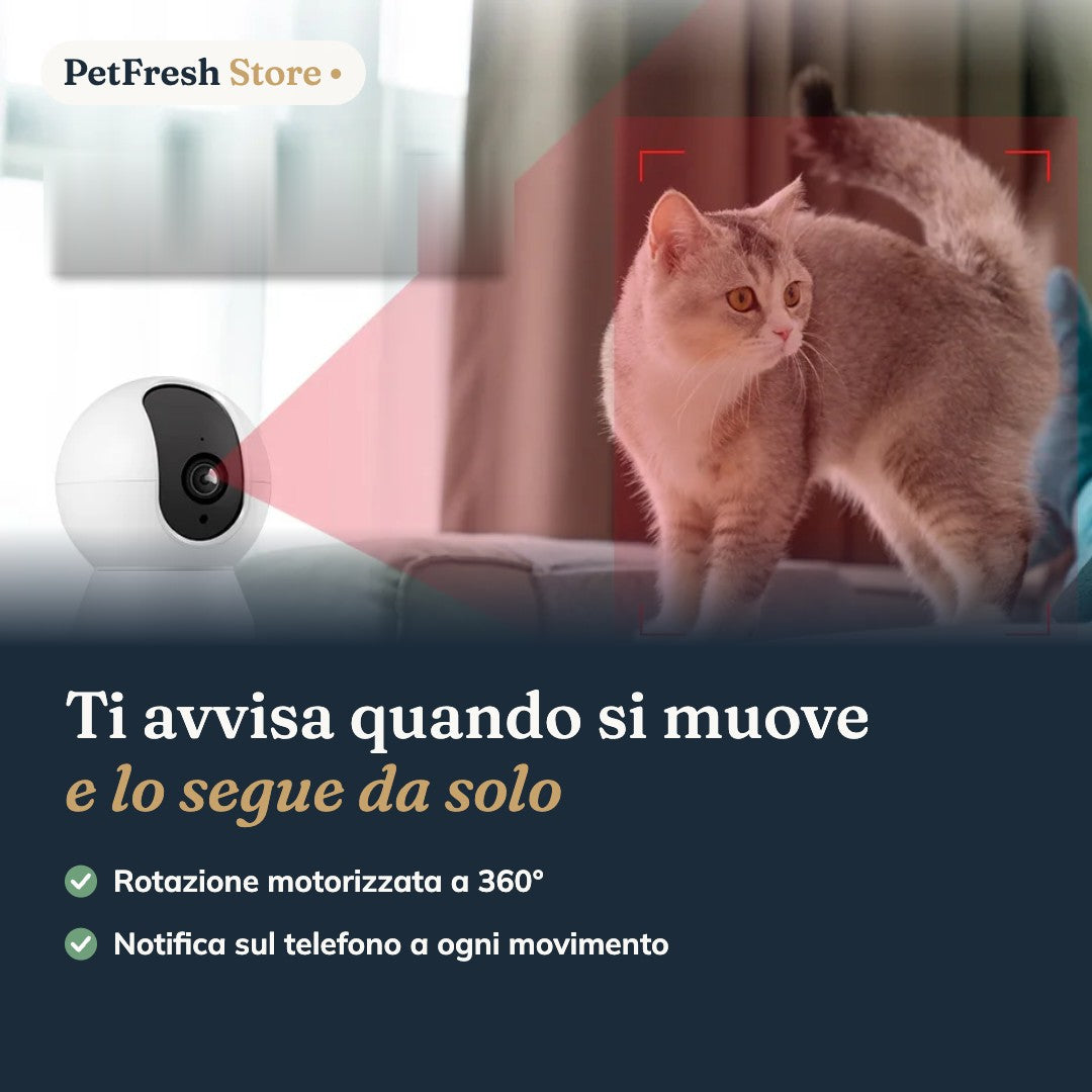 Telecamera WiFi per Animali – Visione Notturna, Audio Bidirezionale, Rotazione 360°