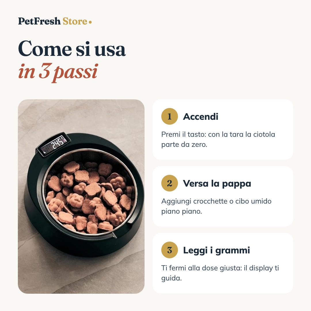 Come si usa la ciotola pesatrice in 3 passi