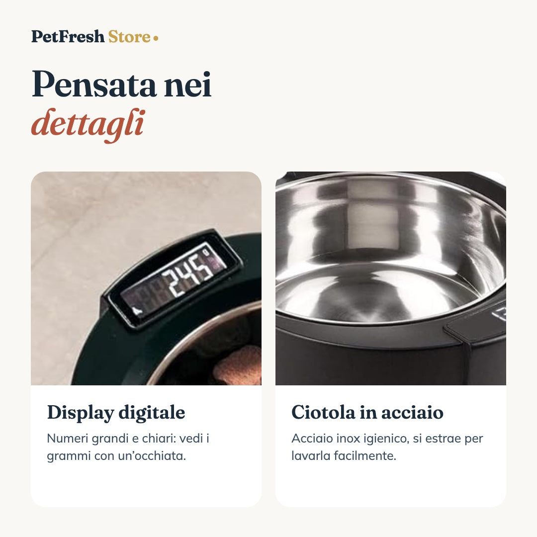 Dettagli: display digitale e ciotola in acciaio inox
