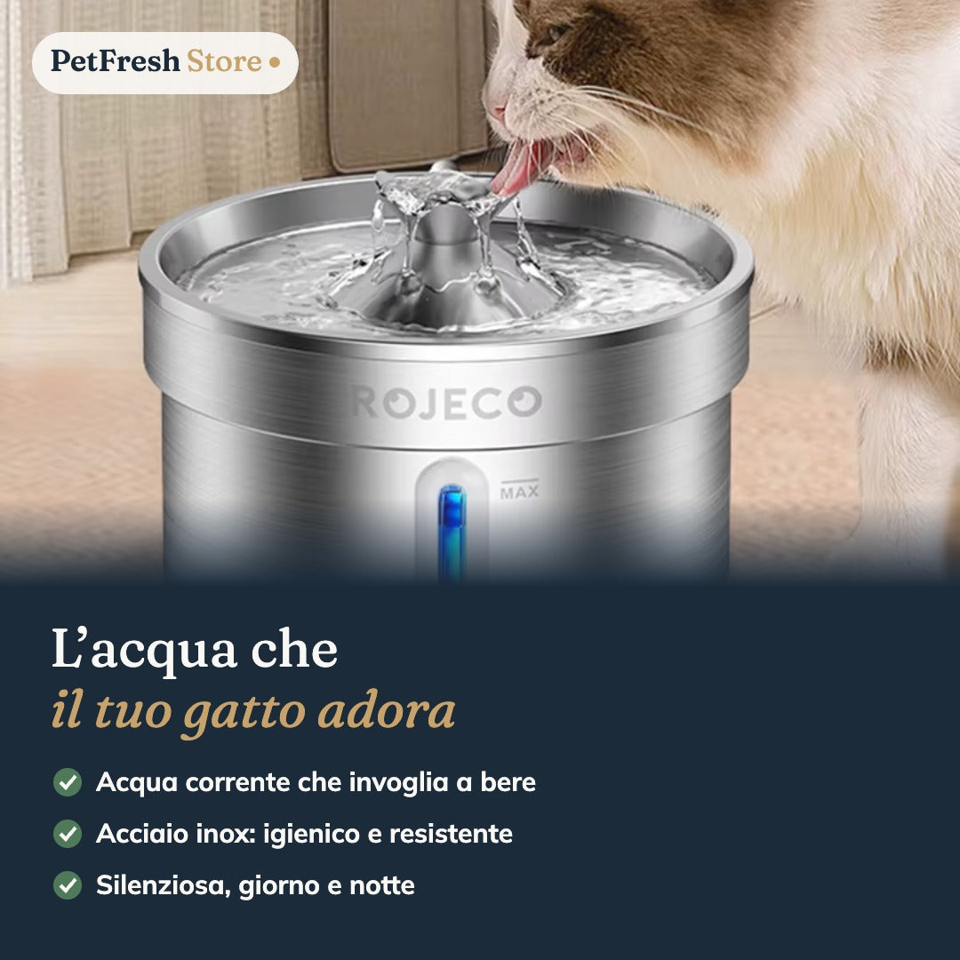 Gatto che beve dalla fontana in acciaio