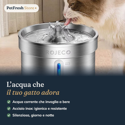 Gatto che beve dalla fontana in acciaio