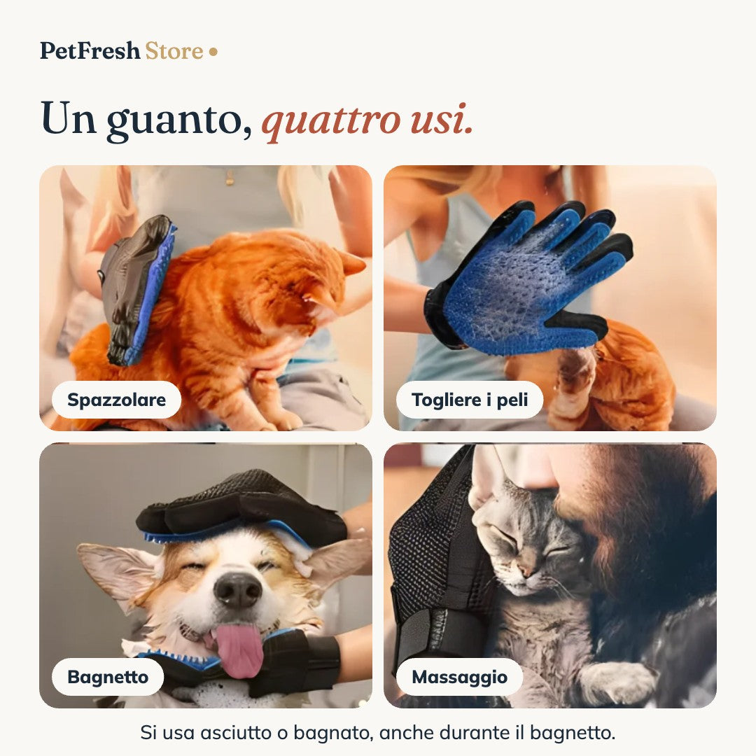 Guanti per toelettatura: spazzolare, togliere i peli, bagnetto, massaggio