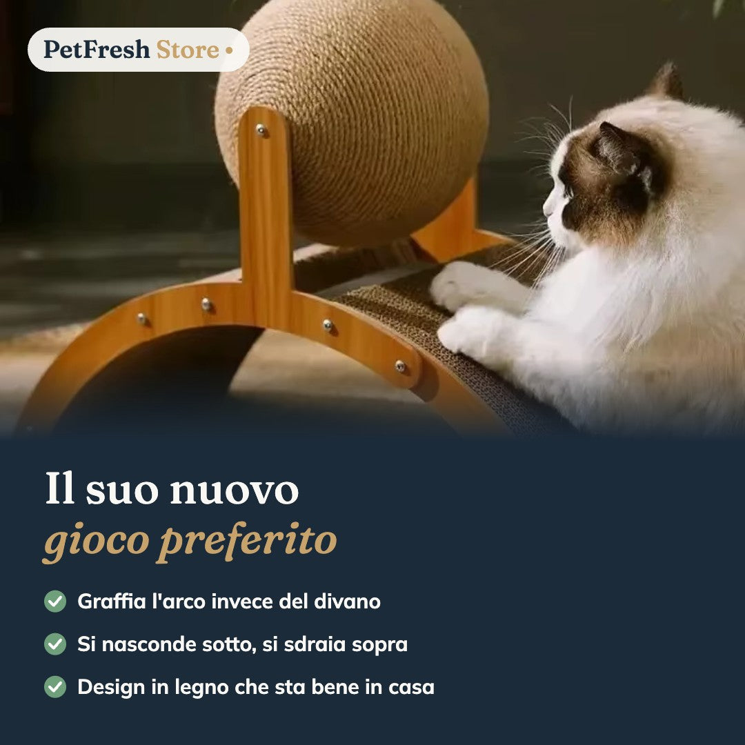 Gatto che gioca con il tiragraffi